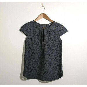 J Crew Navy Blue Black Cap Sleeve Modern Lace Blouse Size 00 Keyhole Neck